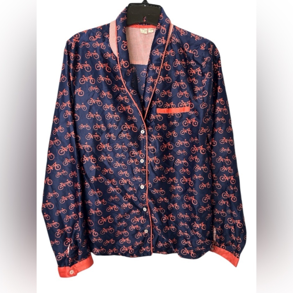 Anthropologie Eloise Satin Navy and Pink Bicycle Print Pajama Top